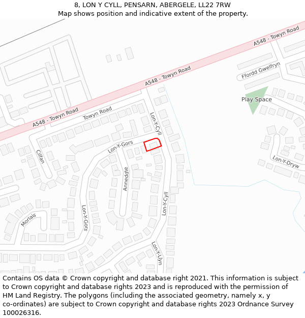8, LON Y CYLL, PENSARN, ABERGELE, LL22 7RW: Location map and indicative extent of plot