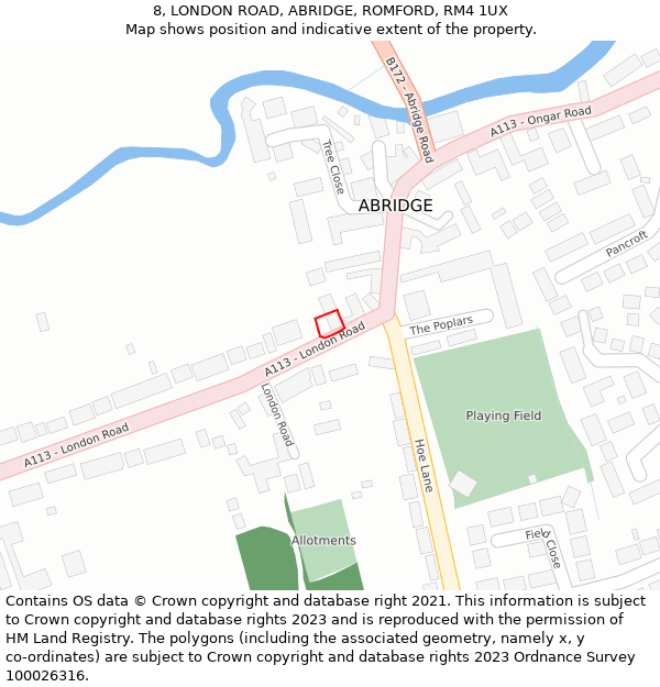 8, LONDON ROAD, ABRIDGE, ROMFORD, RM4 1UX: Location map and indicative extent of plot