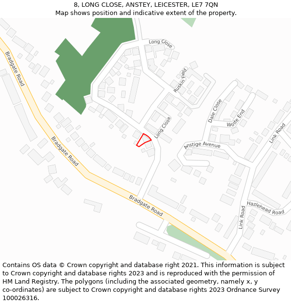 8, LONG CLOSE, ANSTEY, LEICESTER, LE7 7QN: Location map and indicative extent of plot