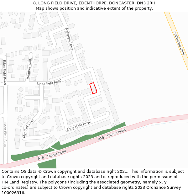 8, LONG FIELD DRIVE, EDENTHORPE, DONCASTER, DN3 2RH: Location map and indicative extent of plot