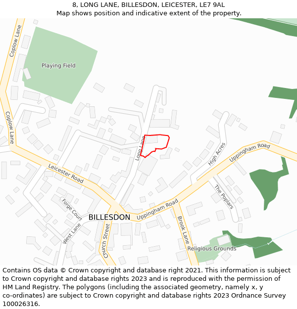 8, LONG LANE, BILLESDON, LEICESTER, LE7 9AL: Location map and indicative extent of plot