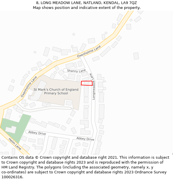 8, LONG MEADOW LANE, NATLAND, KENDAL, LA9 7QZ: Location map and indicative extent of plot