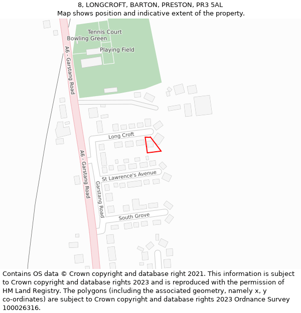 8, LONGCROFT, BARTON, PRESTON, PR3 5AL: Location map and indicative extent of plot