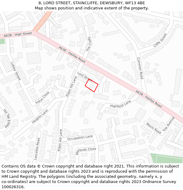 8, LORD STREET, STAINCLIFFE, DEWSBURY, WF13 4BE: Location map and indicative extent of plot