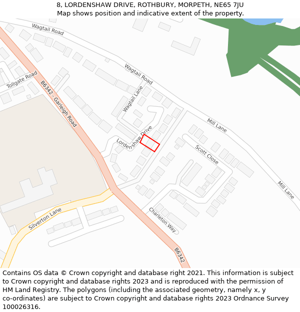 8, LORDENSHAW DRIVE, ROTHBURY, MORPETH, NE65 7JU: Location map and indicative extent of plot