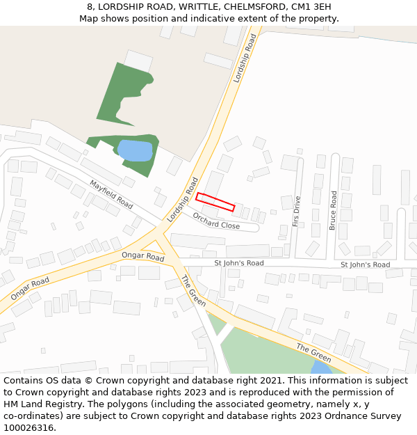 8, LORDSHIP ROAD, WRITTLE, CHELMSFORD, CM1 3EH: Location map and indicative extent of plot