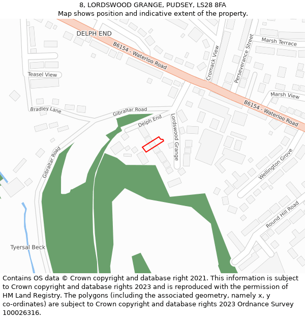 8, LORDSWOOD GRANGE, PUDSEY, LS28 8FA: Location map and indicative extent of plot