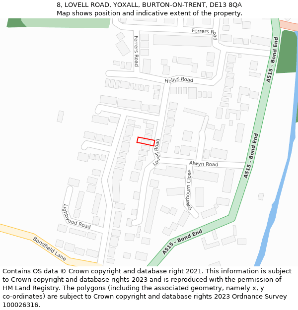 8, LOVELL ROAD, YOXALL, BURTON-ON-TRENT, DE13 8QA: Location map and indicative extent of plot