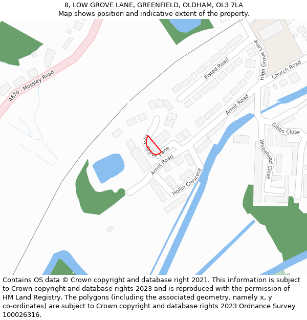 8, LOW GROVE LANE, GREENFIELD, OLDHAM, OL3 7LA: Location map and indicative extent of plot