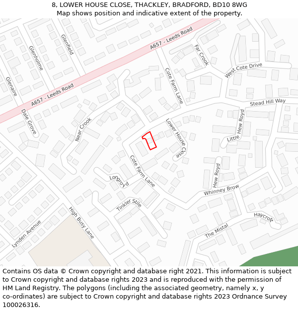 8, LOWER HOUSE CLOSE, THACKLEY, BRADFORD, BD10 8WG: Location map and indicative extent of plot