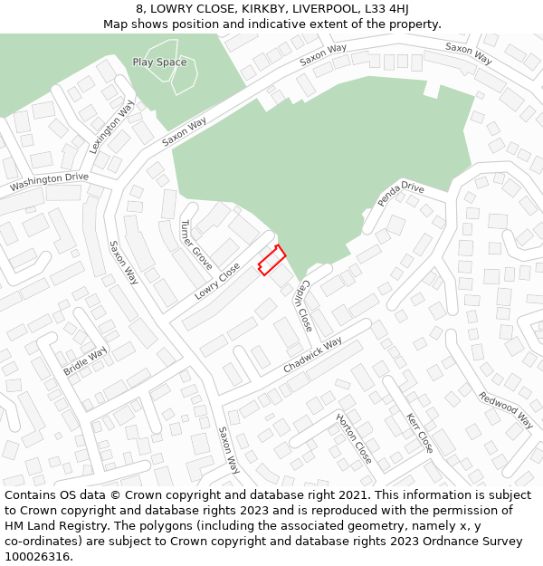 8, LOWRY CLOSE, KIRKBY, LIVERPOOL, L33 4HJ: Location map and indicative extent of plot