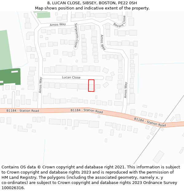 8, LUCAN CLOSE, SIBSEY, BOSTON, PE22 0SH: Location map and indicative extent of plot