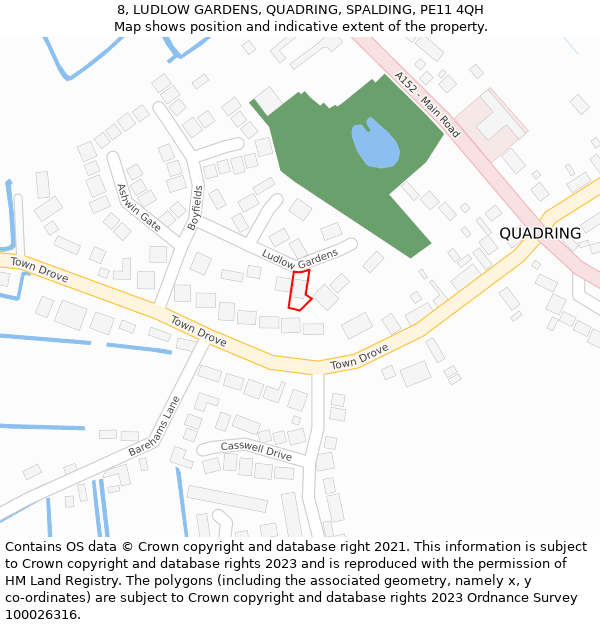 8, LUDLOW GARDENS, QUADRING, SPALDING, PE11 4QH: Location map and indicative extent of plot