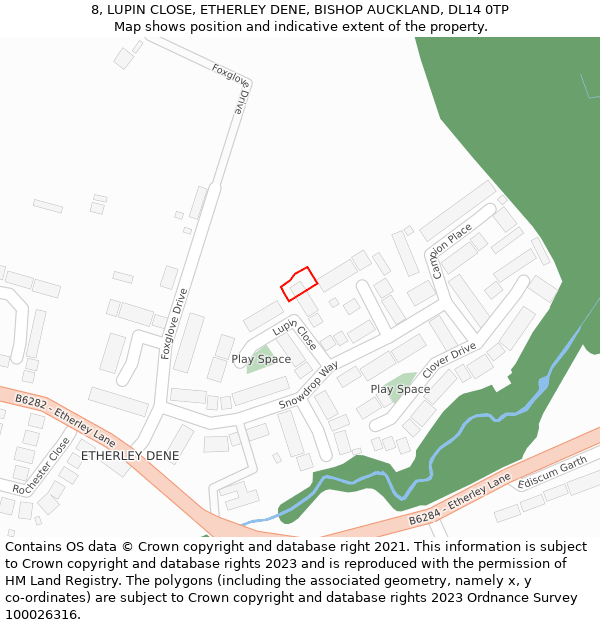 8, LUPIN CLOSE, ETHERLEY DENE, BISHOP AUCKLAND, DL14 0TP: Location map and indicative extent of plot