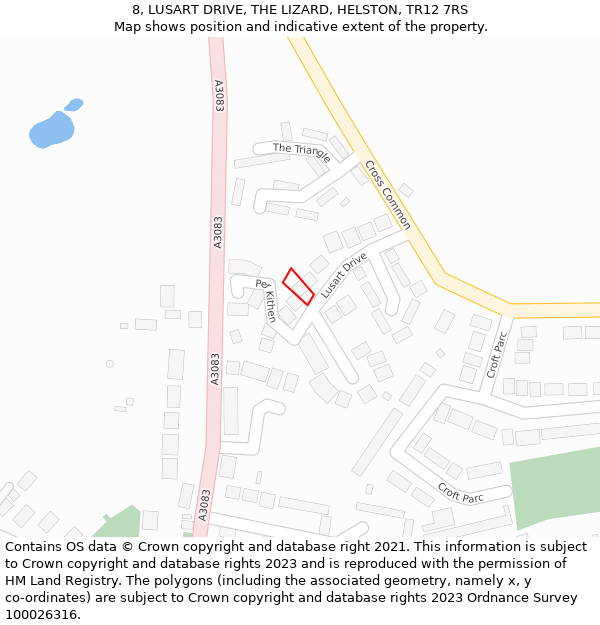 8, LUSART DRIVE, THE LIZARD, HELSTON, TR12 7RS: Location map and indicative extent of plot