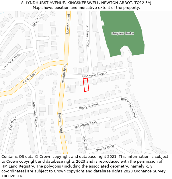 8, LYNDHURST AVENUE, KINGSKERSWELL, NEWTON ABBOT, TQ12 5AJ: Location map and indicative extent of plot