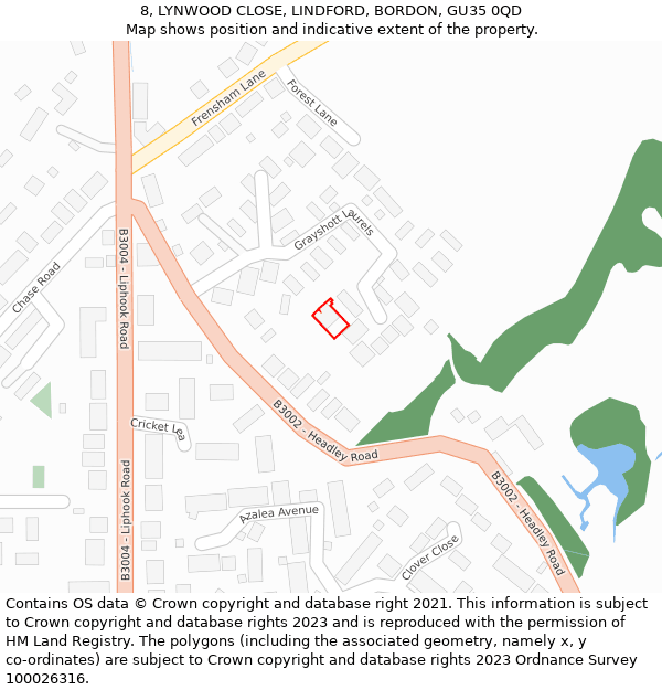 8, LYNWOOD CLOSE, LINDFORD, BORDON, GU35 0QD: Location map and indicative extent of plot