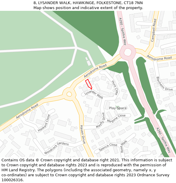 8, LYSANDER WALK, HAWKINGE, FOLKESTONE, CT18 7NN: Location map and indicative extent of plot