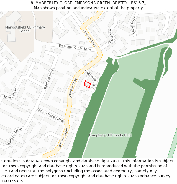 8, MABBERLEY CLOSE, EMERSONS GREEN, BRISTOL, BS16 7JJ: Location map and indicative extent of plot