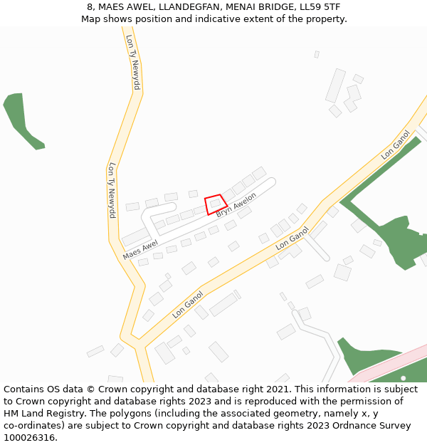 8, MAES AWEL, LLANDEGFAN, MENAI BRIDGE, LL59 5TF: Location map and indicative extent of plot