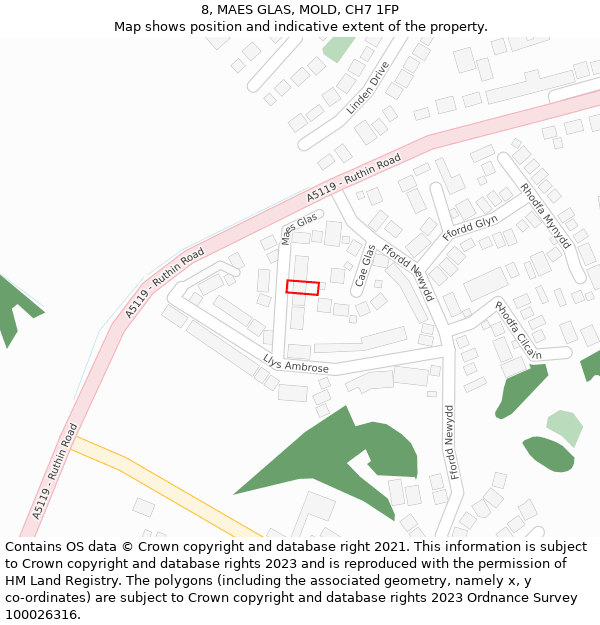 8, MAES GLAS, MOLD, CH7 1FP: Location map and indicative extent of plot