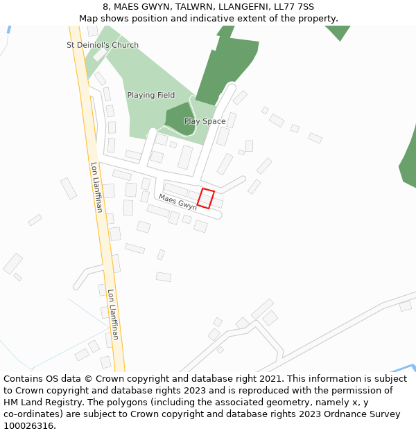 8, MAES GWYN, TALWRN, LLANGEFNI, LL77 7SS: Location map and indicative extent of plot