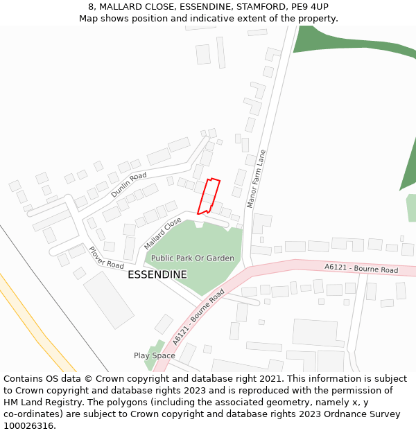 8, MALLARD CLOSE, ESSENDINE, STAMFORD, PE9 4UP: Location map and indicative extent of plot