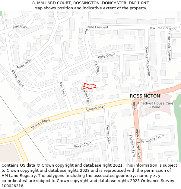 8, MALLARD COURT, ROSSINGTON, DONCASTER, DN11 0NZ: Location map and indicative extent of plot