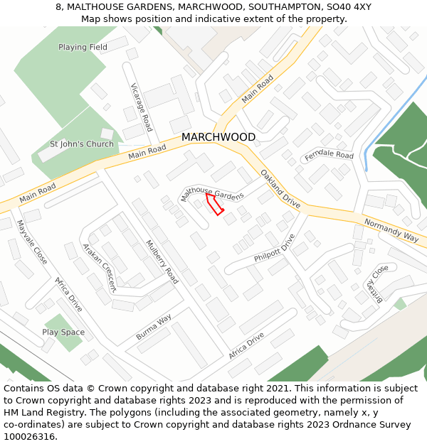 8, MALTHOUSE GARDENS, MARCHWOOD, SOUTHAMPTON, SO40 4XY: Location map and indicative extent of plot