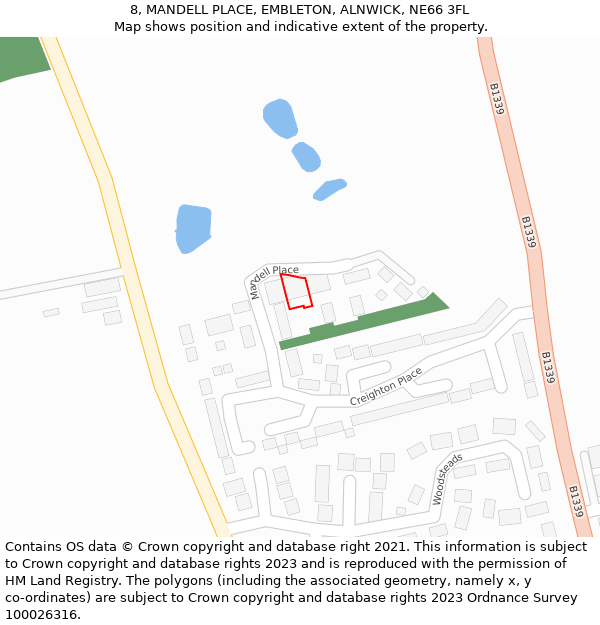 8, MANDELL PLACE, EMBLETON, ALNWICK, NE66 3FL: Location map and indicative extent of plot