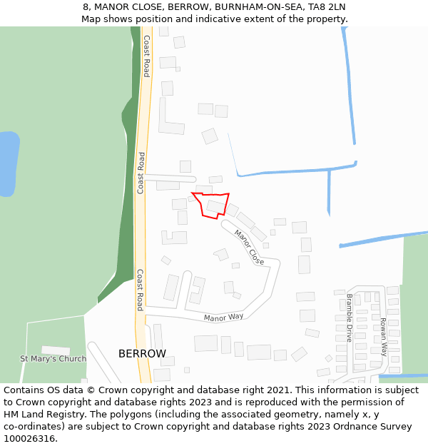 8, MANOR CLOSE, BERROW, BURNHAM-ON-SEA, TA8 2LN: Location map and indicative extent of plot