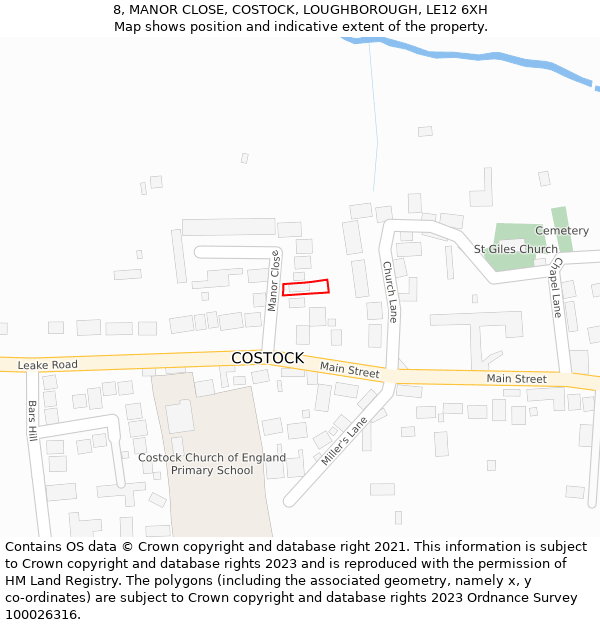 8, MANOR CLOSE, COSTOCK, LOUGHBOROUGH, LE12 6XH: Location map and indicative extent of plot