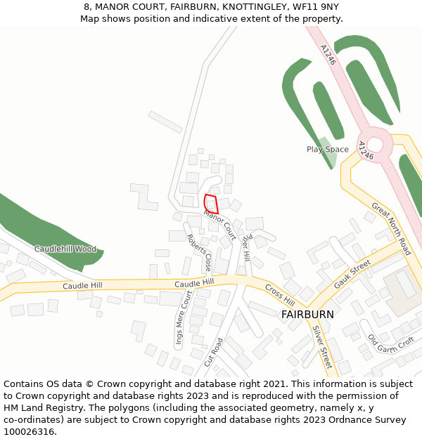 8, MANOR COURT, FAIRBURN, KNOTTINGLEY, WF11 9NY: Location map and indicative extent of plot