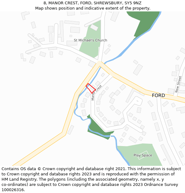 8, MANOR CREST, FORD, SHREWSBURY, SY5 9NZ: Location map and indicative extent of plot