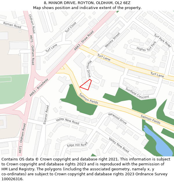 8, MANOR DRIVE, ROYTON, OLDHAM, OL2 6EZ: Location map and indicative extent of plot