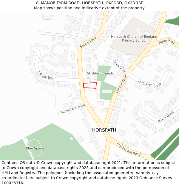 8, MANOR FARM ROAD, HORSPATH, OXFORD, OX33 1SE: Location map and indicative extent of plot