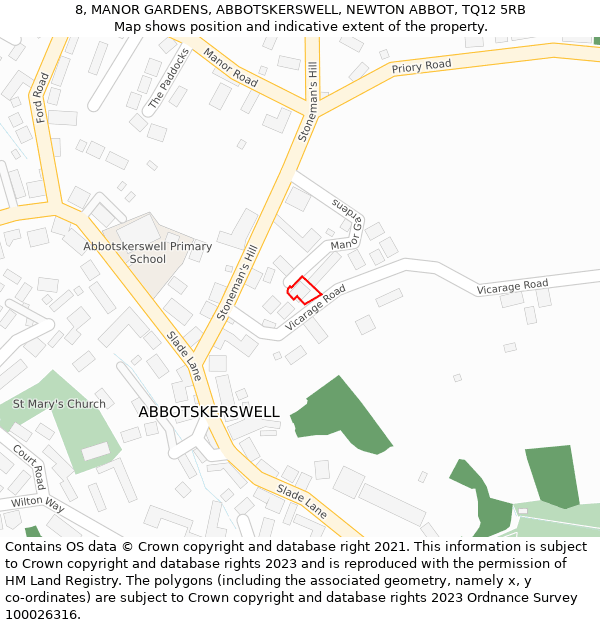 8, MANOR GARDENS, ABBOTSKERSWELL, NEWTON ABBOT, TQ12 5RB: Location map and indicative extent of plot