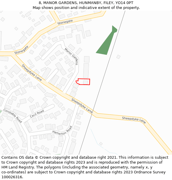 8, MANOR GARDENS, HUNMANBY, FILEY, YO14 0PT: Location map and indicative extent of plot