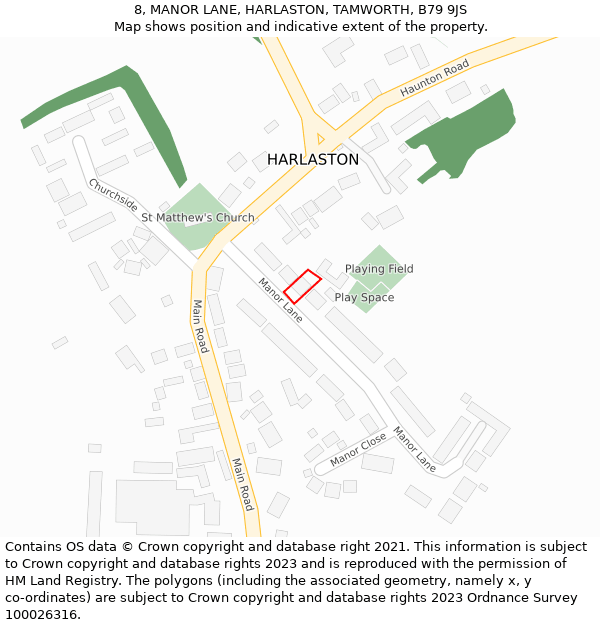 8, MANOR LANE, HARLASTON, TAMWORTH, B79 9JS: Location map and indicative extent of plot