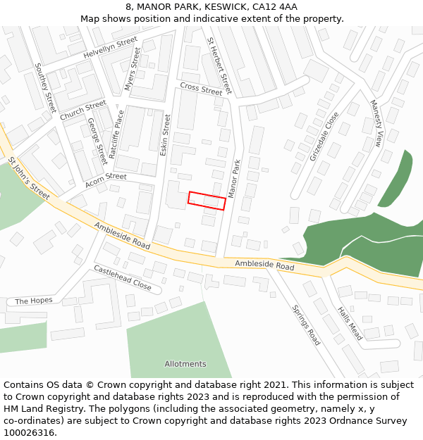 8, MANOR PARK, KESWICK, CA12 4AA: Location map and indicative extent of plot