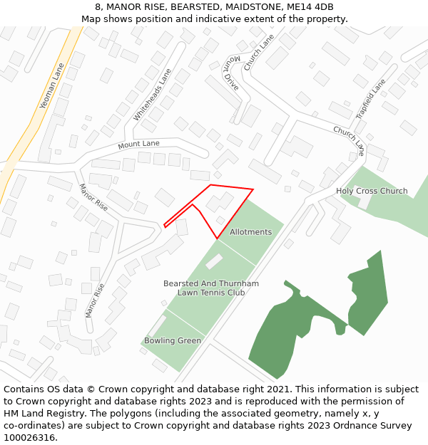 8, MANOR RISE, BEARSTED, MAIDSTONE, ME14 4DB: Location map and indicative extent of plot