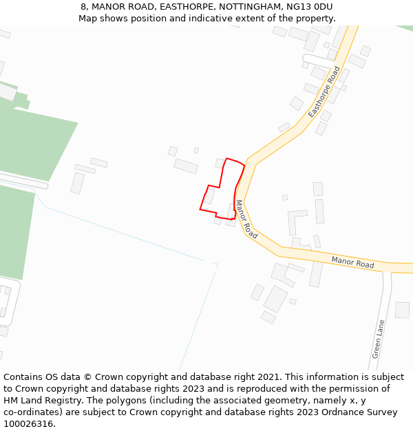 8, MANOR ROAD, EASTHORPE, NOTTINGHAM, NG13 0DU: Location map and indicative extent of plot