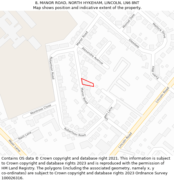 8, MANOR ROAD, NORTH HYKEHAM, LINCOLN, LN6 8NT: Location map and indicative extent of plot