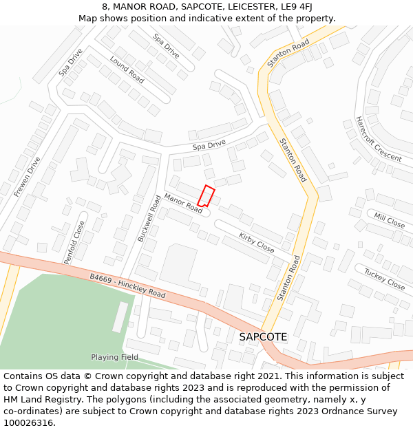 8, MANOR ROAD, SAPCOTE, LEICESTER, LE9 4FJ: Location map and indicative extent of plot