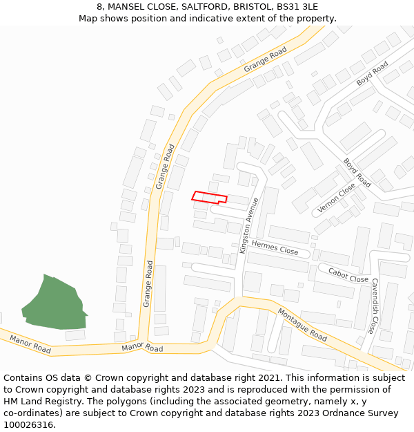 8, MANSEL CLOSE, SALTFORD, BRISTOL, BS31 3LE: Location map and indicative extent of plot