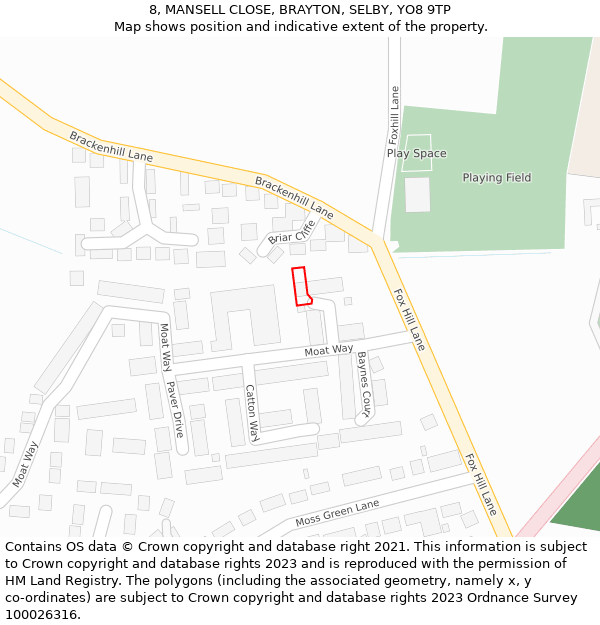 8, MANSELL CLOSE, BRAYTON, SELBY, YO8 9TP: Location map and indicative extent of plot