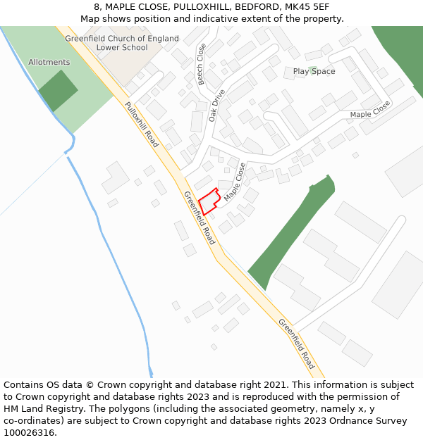 8, MAPLE CLOSE, PULLOXHILL, BEDFORD, MK45 5EF: Location map and indicative extent of plot
