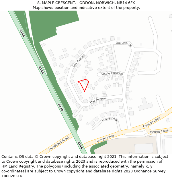 8, MAPLE CRESCENT, LODDON, NORWICH, NR14 6FX: Location map and indicative extent of plot