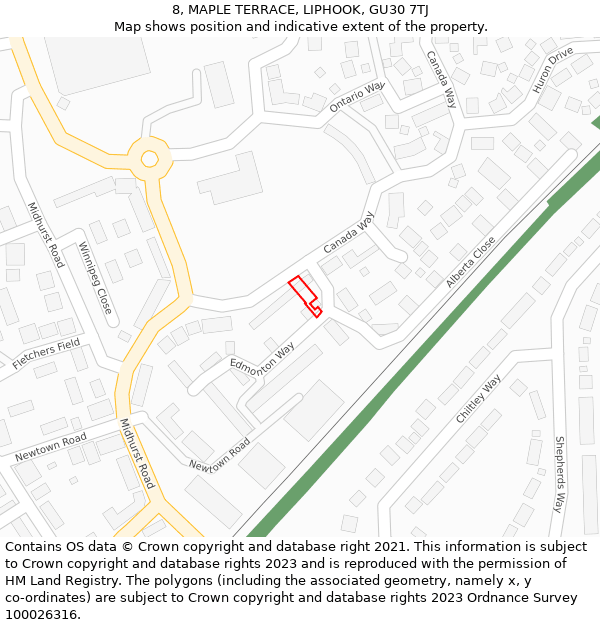 8, MAPLE TERRACE, LIPHOOK, GU30 7TJ: Location map and indicative extent of plot