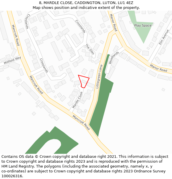 8, MARDLE CLOSE, CADDINGTON, LUTON, LU1 4EZ: Location map and indicative extent of plot